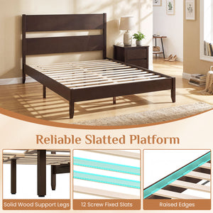 Queen Bed Frame with Headboard and Solid Wood Legs 12 Slats-Dark Walnut