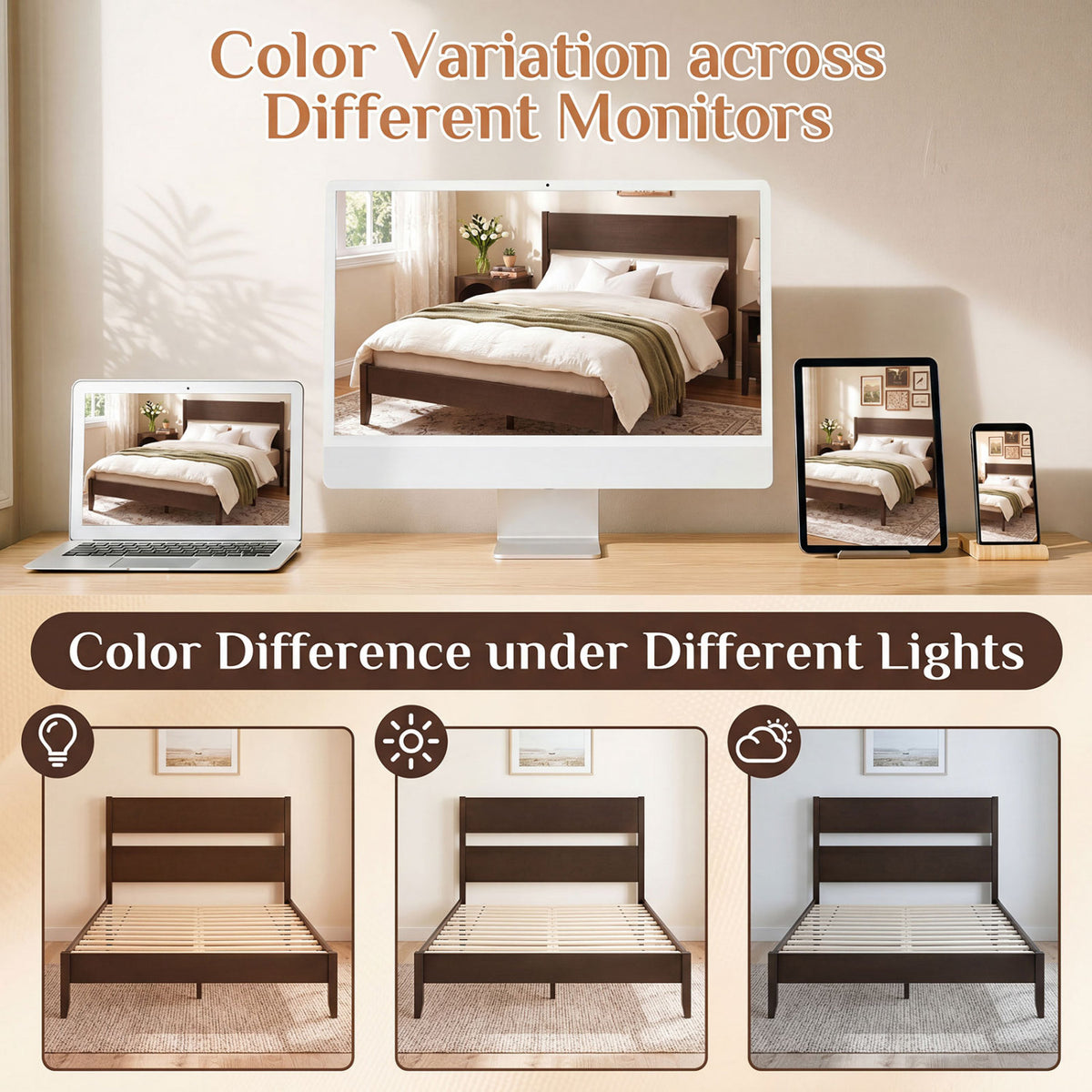Queen Bed Frame with Headboard and Solid Wood Legs 12 Slats-Dark Walnut