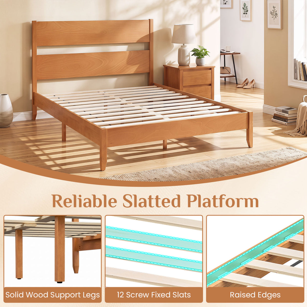 Queen Bed Frame with Headboard and Solid Wood Legs 12 Slats-Warm Brown