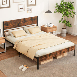 Twin/Full/Queen/King Metal Bed Frame with Wooden Headboard and Footboard-Queen Size
