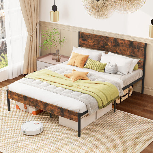 Twin/Full/Queen/King Metal Bed Frame with Wooden Headboard and Footboard-Queen Size