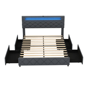 Full/Queen Size Bed Frame with Adjustable Storage Headboard and Wooden Slat Support-Queen Size