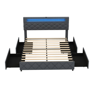 Full/Queen Size Bed Frame with Adjustable Storage Headboard and Wooden Slat Support-Queen Size