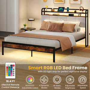 Twin/Full/Queen/King Size Bed Frame with LED Light and Charging Station-Queen Size