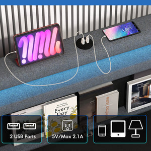 Full/Queen Size Bed Frame with Adjustable Storage Headboard and Wooden Slat Support-Queen Size