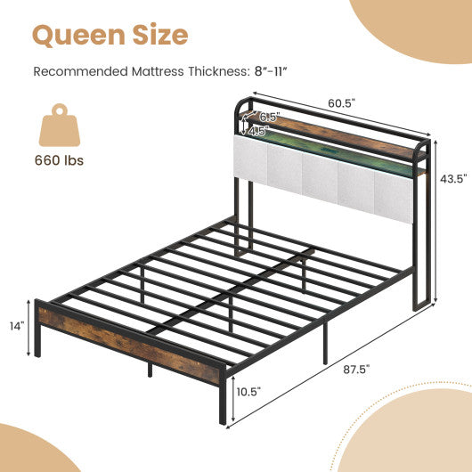 Twin/Full/Queen/King Size Bed Frame with LED Light and Charging Station-Queen Size