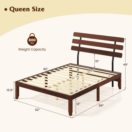 Queen Size Bed Frame 15.5 Inch Solid Wood Platform Bed with Retro Headboard