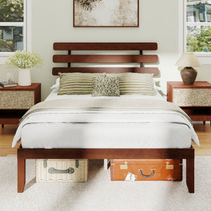 Queen Size Bed Frame 15.5 Inch Solid Wood Platform Bed with Retro Headboard