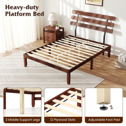 Queen Size Bed Frame 15.5 Inch Solid Wood Platform Bed with Retro Headboard