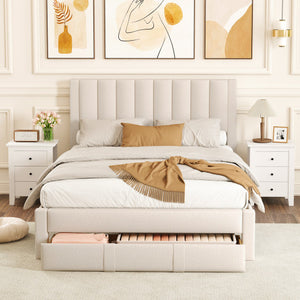 Queen Size Bed Frame with Storage Drawer and Vertical Channel Headboard-Beige