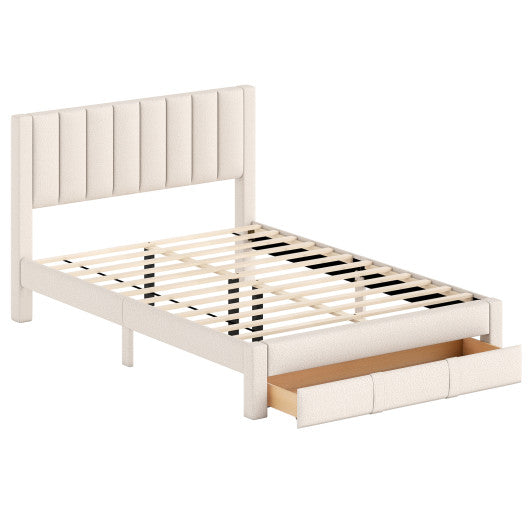 Queen Size Bed Frame with Storage Drawer and Vertical Channel Headboard-Beige
