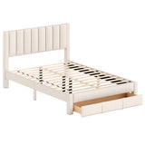 Queen Size Bed Frame with Storage Drawer and Vertical Channel Headboard-Beige