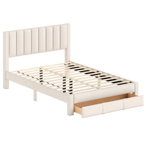 Queen Size Bed Frame with Storage Drawer and Vertical Channel Headboard-Beige