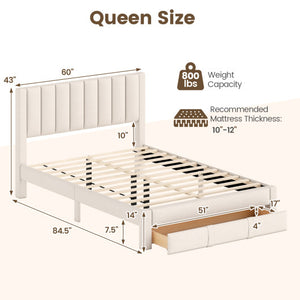 Queen Size Bed Frame with Storage Drawer and Vertical Channel Headboard-Beige