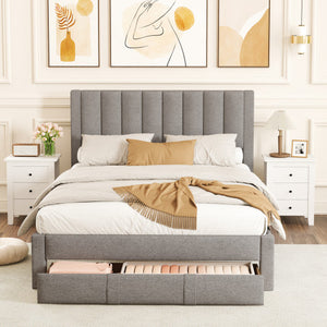 Queen Size Bed Frame with Storage Drawer and Vertical Channel Headboard-Gray