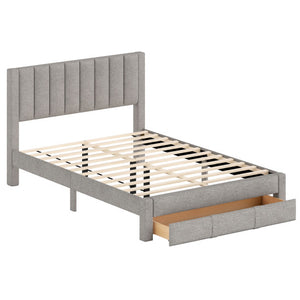 Queen Size Bed Frame with Storage Drawer and Vertical Channel Headboard-Gray