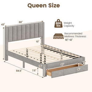 Queen Size Bed Frame with Storage Drawer and Vertical Channel Headboard-Gray