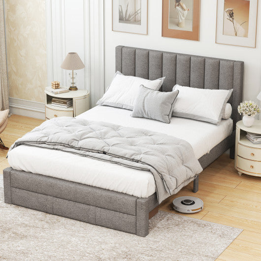 Queen Size Bed Frame with Storage Drawer and Vertical Channel Headboard-Gray