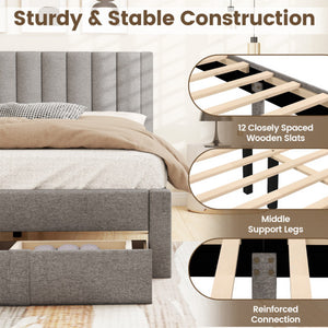 Queen Size Bed Frame with Storage Drawer and Vertical Channel Headboard-Gray