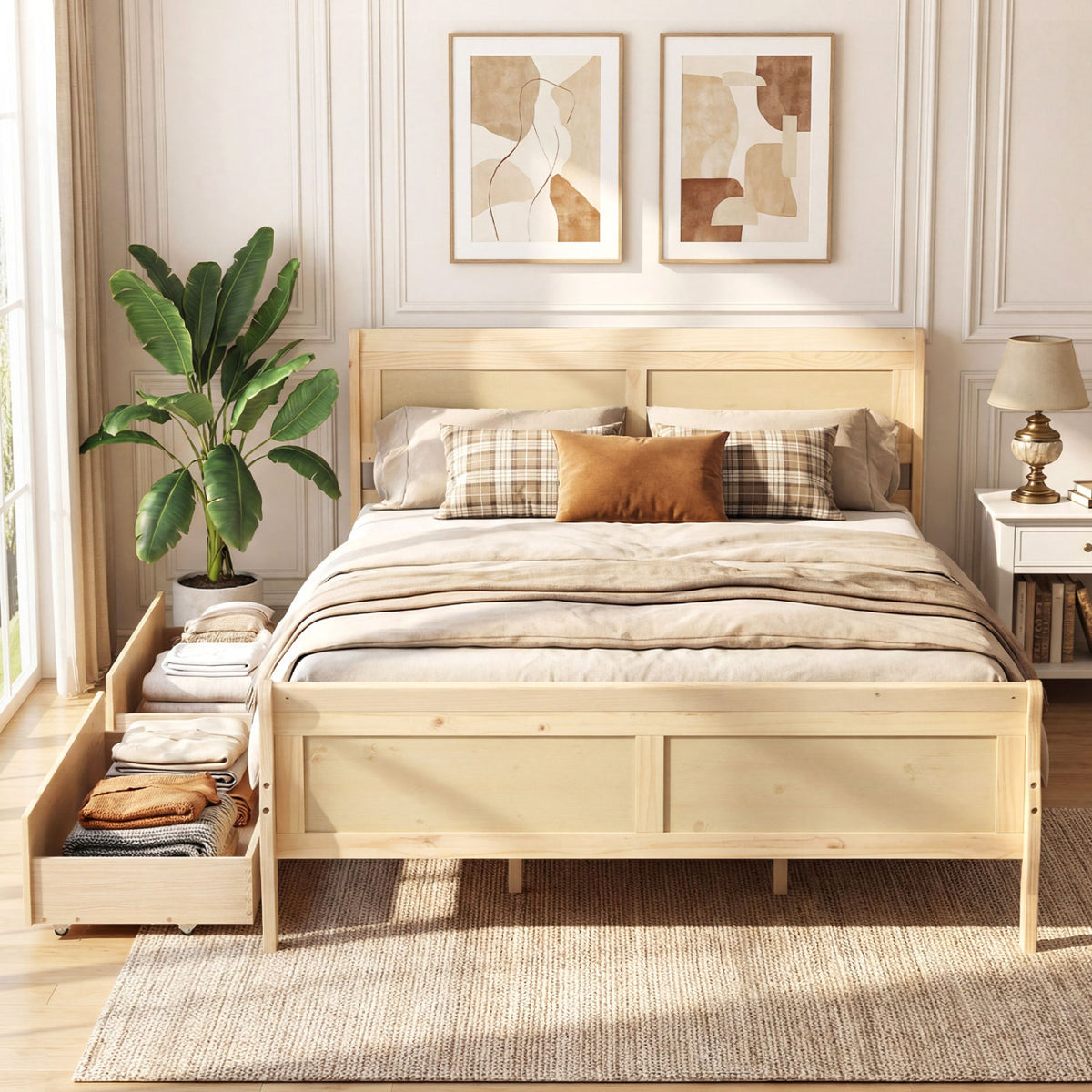 Queen Size Bed Frame with 2 Storage Drawers and Footboard-Natural