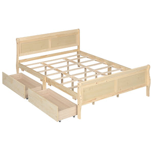 Queen Size Bed Frame with 2 Storage Drawers and Footboard-Natural