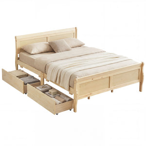 Queen Size Bed Frame with 2 Storage Drawers and Footboard-Natural