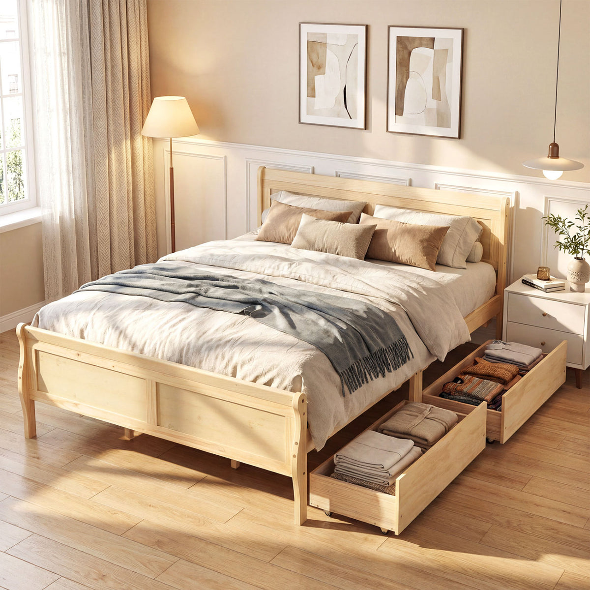 Queen Size Bed Frame with 2 Storage Drawers and Footboard-Natural