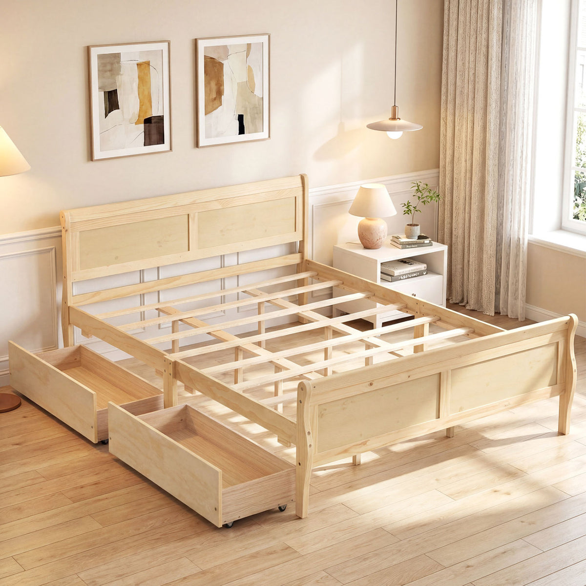 Queen Size Bed Frame with 2 Storage Drawers and Footboard-Natural