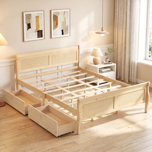Queen Size Bed Frame with 2 Storage Drawers and Footboard-Natural