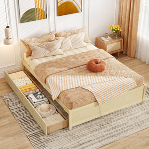 Queen Size Bed Frame with 2 Rolling Storage Drawers-Natural