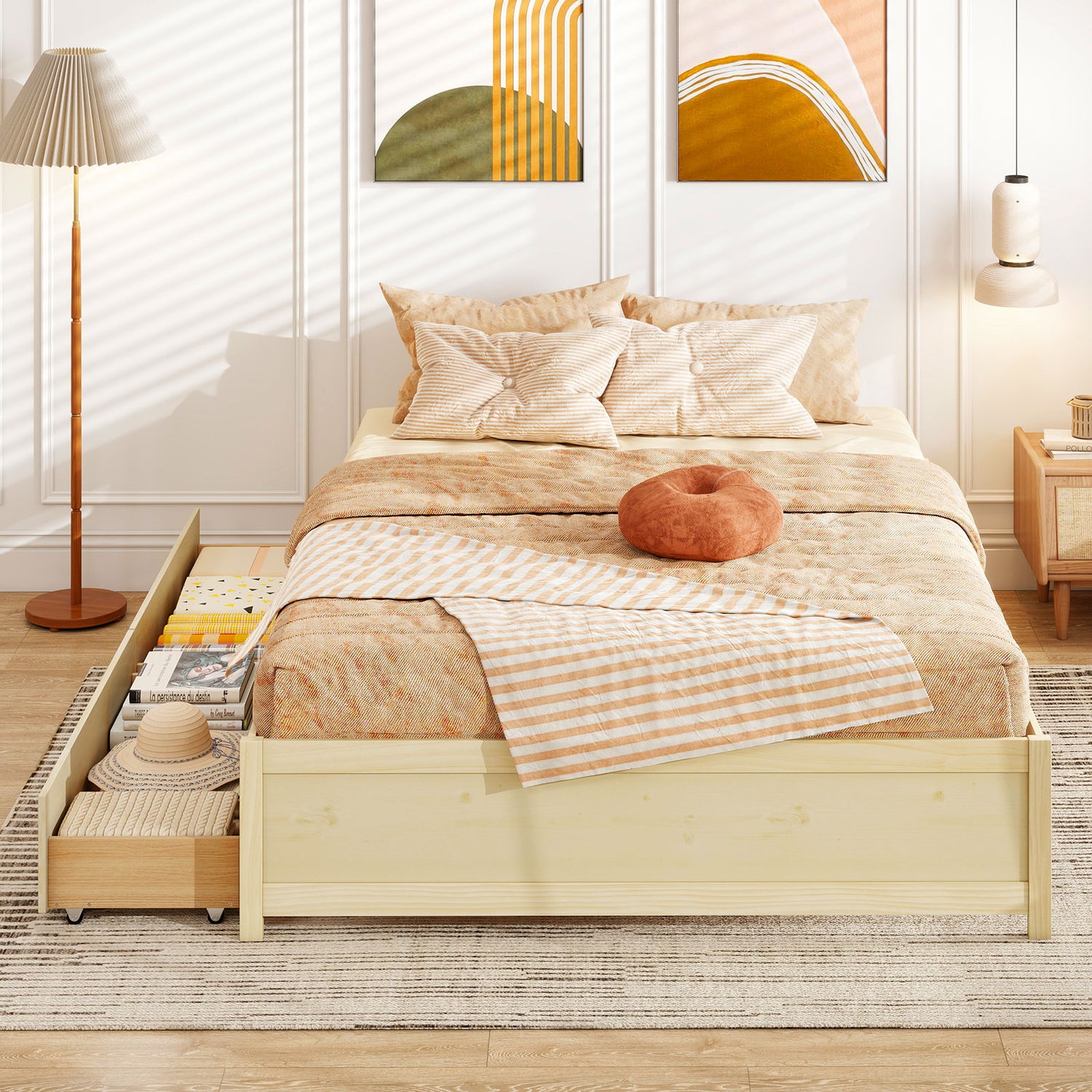 Queen Size Bed Frame with 2 Rolling Storage Drawers-Natural
