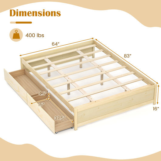 Queen Size Bed Frame with 2 Rolling Storage Drawers-Natural