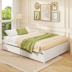 Queen Size Bed Frame with 2 Rolling Storage Drawers-White