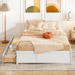 Queen Size Bed Frame with 2 Rolling Storage Drawers-White