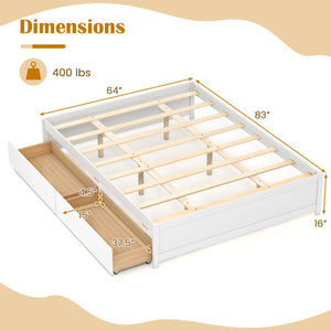 Queen Size Bed Frame with 2 Rolling Storage Drawers-White