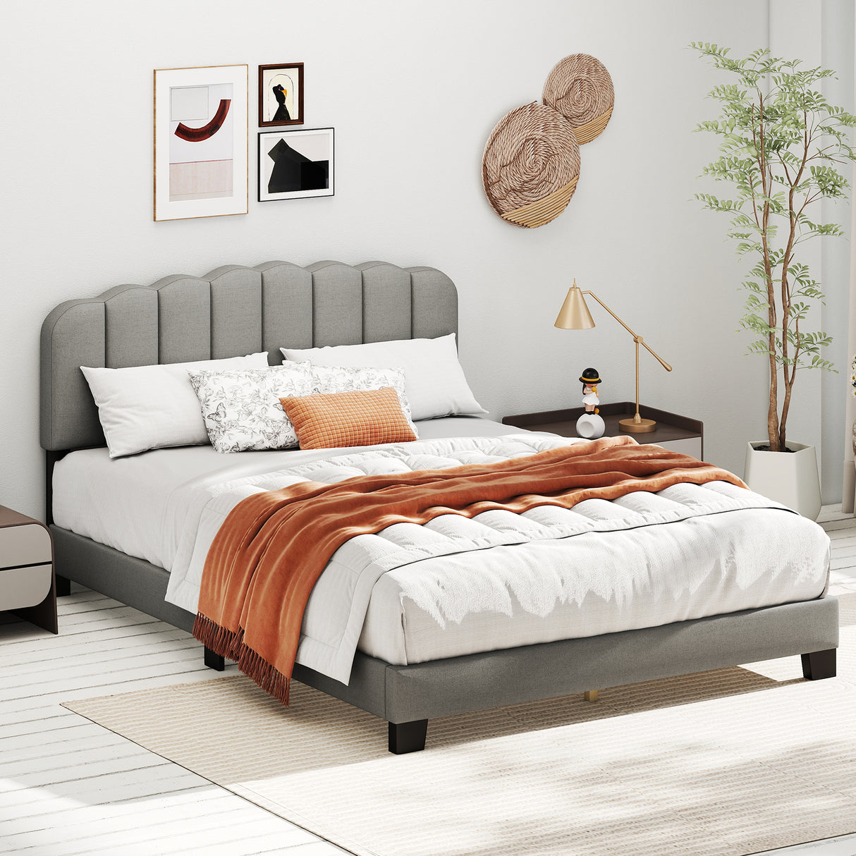 Queen Size Bed Frame with Adjustable Scalloped Tufted Headboard-Queen Size