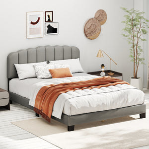 Queen Size Bed Frame with Adjustable Scalloped Tufted Headboard-Queen Size