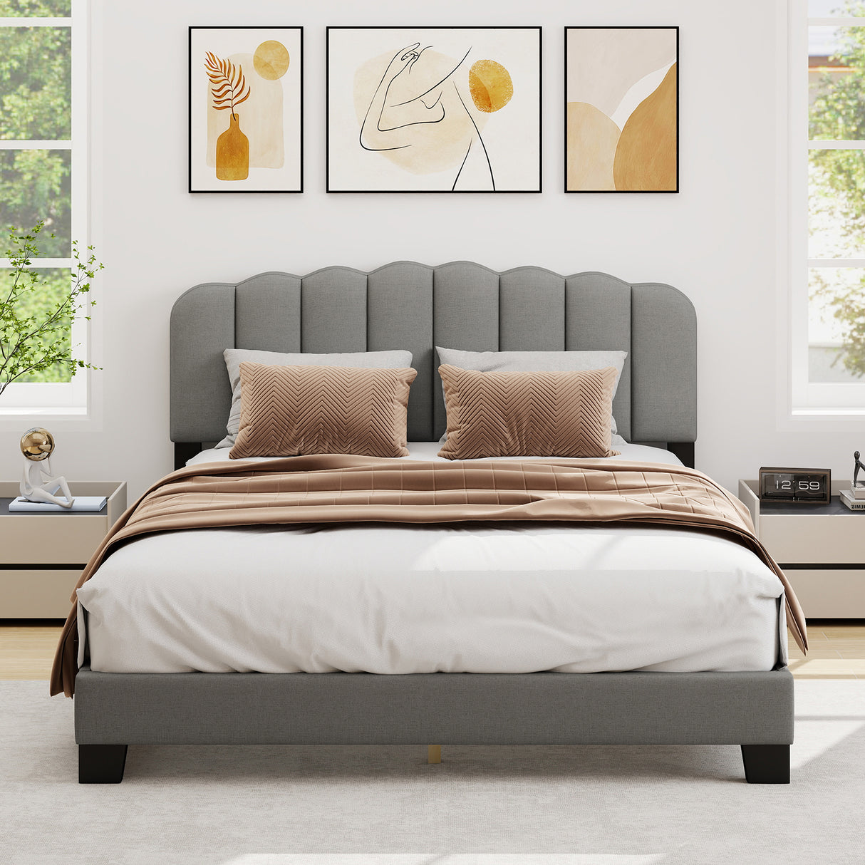 Queen Size Bed Frame with Adjustable Scalloped Tufted Headboard-Queen Size