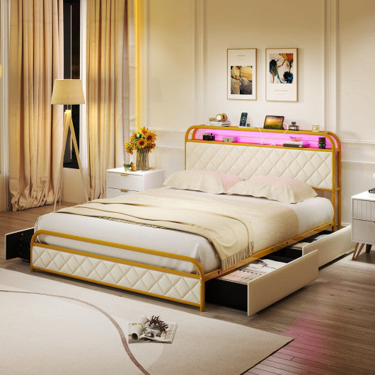 Twin/Full/Queen Size Bed Frame with LED Lights and Charging Station Gold-Queen Size