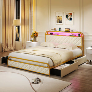 Twin/Full/Queen Size Bed Frame with LED Lights and Charging Station Gold-Queen Size
