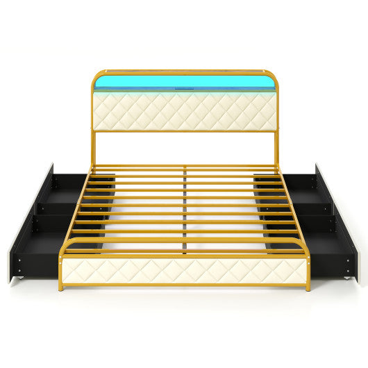 Twin/Full/Queen Size Bed Frame with LED Lights and Charging Station Gold-Queen Size