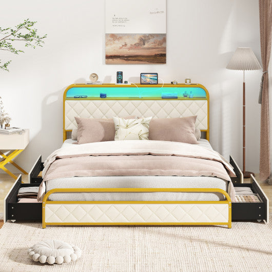 Twin/Full/Queen Size Bed Frame with LED Lights and Charging Station Gold-Queen Size