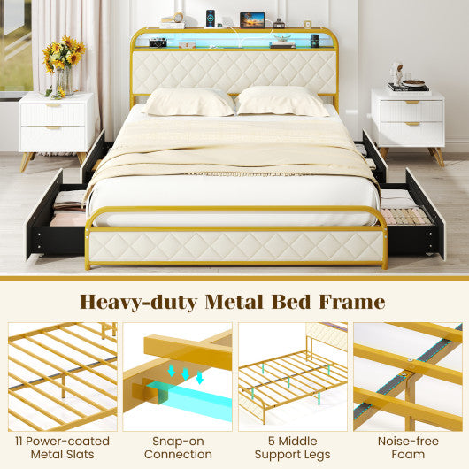 Twin/Full/Queen Size Bed Frame with LED Lights and Charging Station Gold-Queen Size