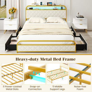 Twin/Full/Queen Size Bed Frame with LED Lights and Charging Station Gold-Queen Size