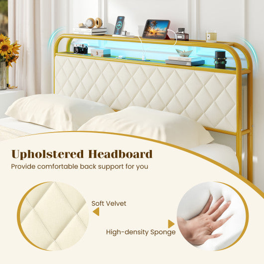 Twin/Full/Queen Size Bed Frame with LED Lights and Charging Station Gold-Queen Size