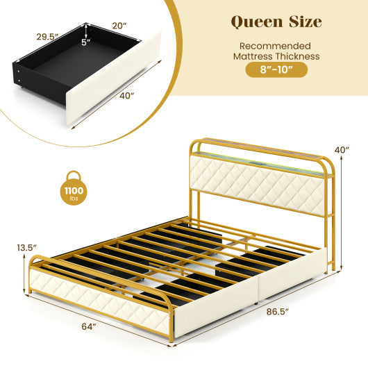 Twin/Full/Queen Size Bed Frame with LED Lights and Charging Station Gold-Queen Size