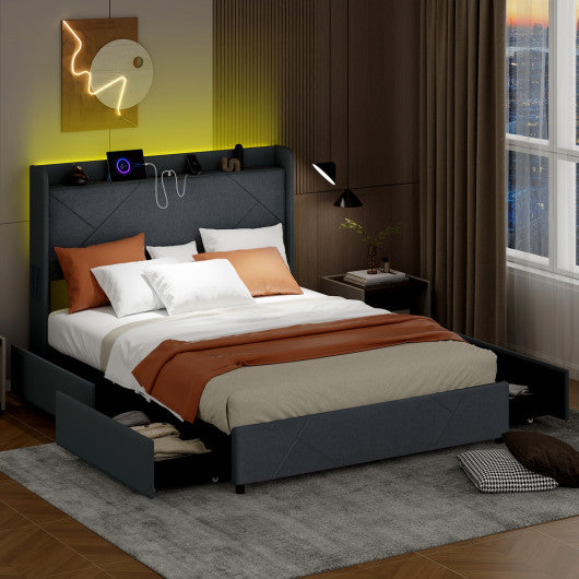 Full/Queen Size Bed Frame with LED Lights and Charging Station-Queen Size