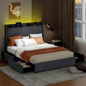 Full/Queen Size Bed Frame with LED Lights and Charging Station-Queen Size