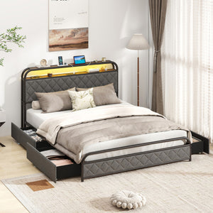 Twin/Full/Queen Size Bed Frame with LED Lights and Charging Station-Queen Size