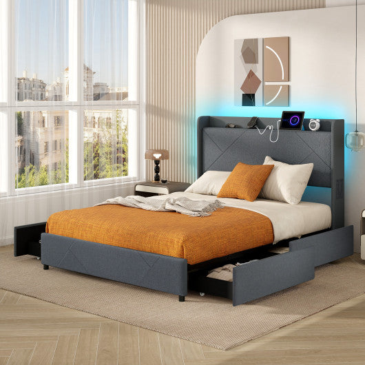 Full/Queen Size Bed Frame with LED Lights and Charging Station-Queen Size